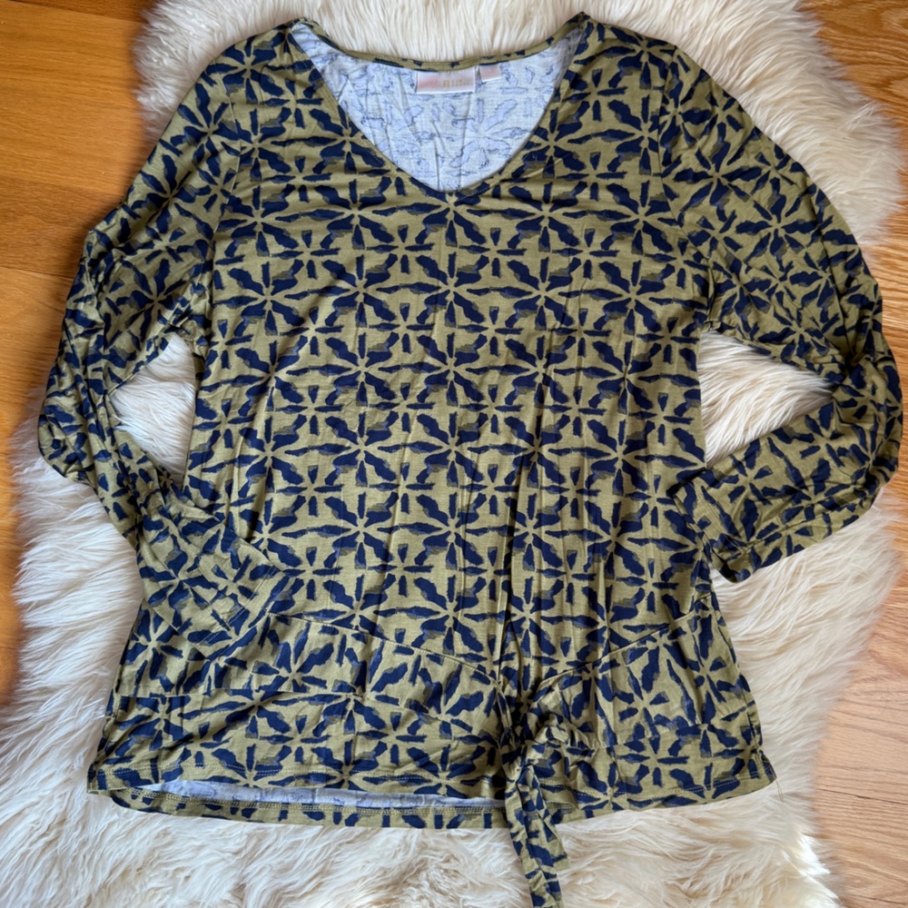 Belle by Kim Gravel Blue and Olive Patterned Top